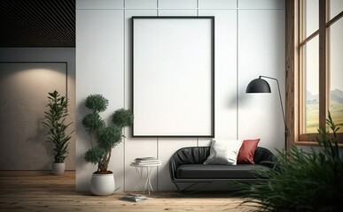 blank picture frame mockup on a wall vertical frame mockup in modern minimalist interior with plant in trendy vase on wall background, Template for painting, photo or poster