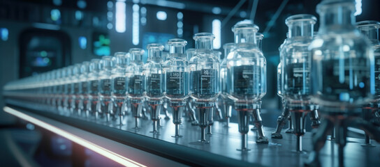 Precision in Motion: Pharmaceutical Vials on Production Line. Generative AI.