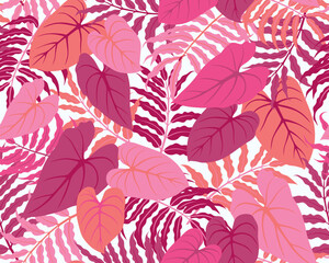 Seamless exotic pattern with plants and leaves. Jungle vector hand drawn illustration. Tropical floral background in magenta palette. Design for wallpaper, fabric, interior decor, apparel