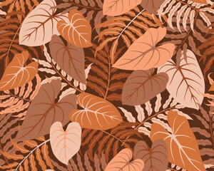 Seamless exotic pattern with plants and leaves. Jungle vector hand drawn illustration. Tropical floral background in brown palette. Design for wallpaper, fabric, interior decor, apparel © Nati Matiushko