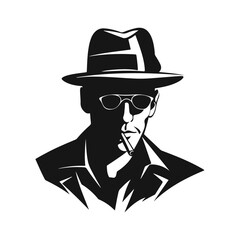 Silhouette of a mysterious man in a hat with a mustache in glasses with a cigarette. Retro style vector illustration of noir gentleman. Mafia icon symbol logo isolated on white background