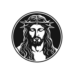 Vector Jesus Christ face silhouette isolated on white. Hand drawn vector illustration. Black Jesus icon logo