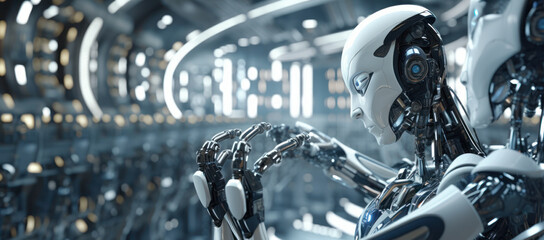 Fototapeta premium Factory Automation: Future AI Smart Robot in Industrial Setting. Generative AI.