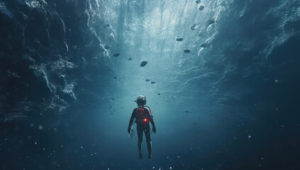 Obraz na płótnie Canvas the diver is swimming on a dark ocean floor with an inky blue ocean. Generative AI