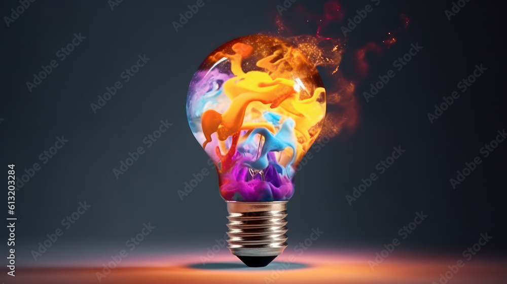 Poster inventive vision: unique concept with a painted lightbulb. generative ai.