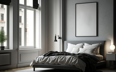 Empty picture frame mockup on a wall with modern bedroom interior