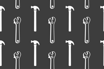 Vector hammer and wrench pattern seamless black on white print of tools for construction and repair
