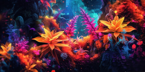 Naklejka na ściany i meble Exotic Botanical: Vibrant Tropical Leaves in Creative Fluorescent Color Layout. Generative AI.