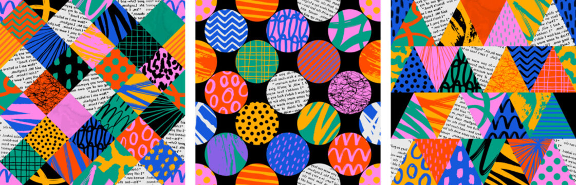 Colorful seamless pattern set with collage art texture. Modern contemporary art background collection, geometric shape hand drawn print, maximalist paint patchwork wallpaper.