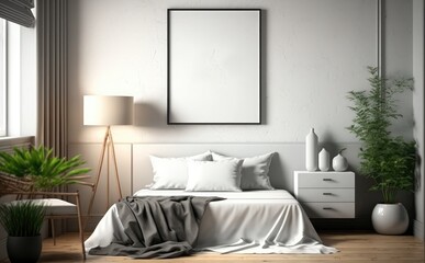 modern bedroom interior Empty picture frame mockup on a wall