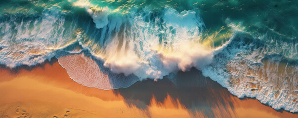 Wave Dynamics: Abstract Aerial Ocean View with Crashing Waves. Generative AI.