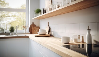 Wooden top on background of modern kitchen with window and shelves.-3D illustration.