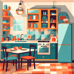 Kitchen interion Illustration. Retro style.