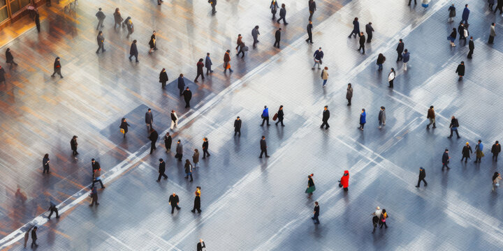 Dynamic Cityscape: Top View of Crowded Streets with Motion-Blurred Pedestrians. Generative AI.
