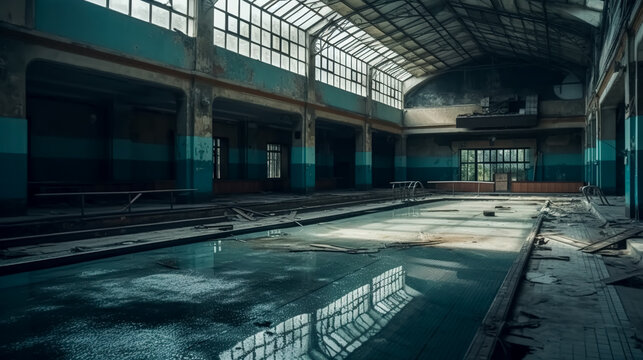 An old abandoned building with a swimming pool, generative AI.
