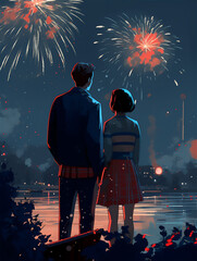 Illustration of a couple watching the fireworks on the 4th of July during the US Independence Day. Young couple from behind, American patriotism