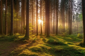 Misty morning in the forest. Sun rays through the trees, Generative AI