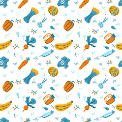 Seamless vector background with various fruits and vegetables