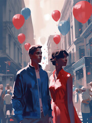 Illustration of a couple celebrating the 4th of July along the streets of an American city, 4th of july, indipendence day