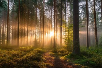 Fototapeta premium Misty morning in the forest. Sun rays through the trees, Generative AI