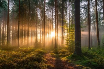 Misty morning in the forest. Sun rays through the trees, Generative AI