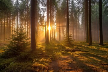 Misty morning in the forest. Sun rays through the trees, Generative AI
