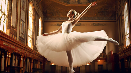 Young ballerina gracefully leaping in mid-air, her ballet slippers pointed and her arms extended, generative ai