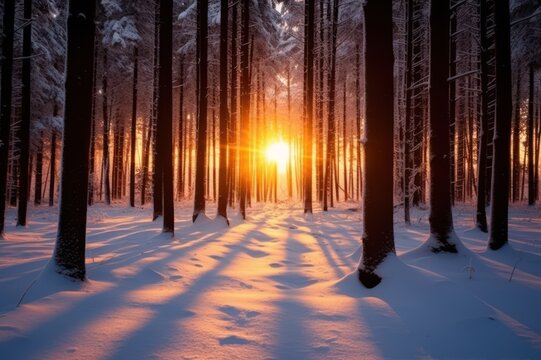 Sunset in the winter forest. Beautiful winter landscape with snow covered trees, Generative AI