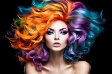 Beautiful woman with multi-colored rainbow hair and creative make up and hairstyle. Beauty face. Generative Ai.