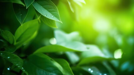 Closeup of nature view green leaf on blurred greenery background under sunlight with bokeh and copy space using as background natural plants landscape, ecology wallpaper concept, Generative AI