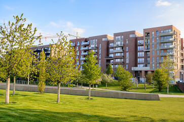 New apartment buildings along a public park warmly lit by a setting sun in spring