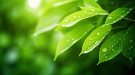 Closeup of nature view green leaf on blurred greenery background under sunlight with bokeh and copy space using as background natural plants landscape, ecology wallpaper concept, Generative AI