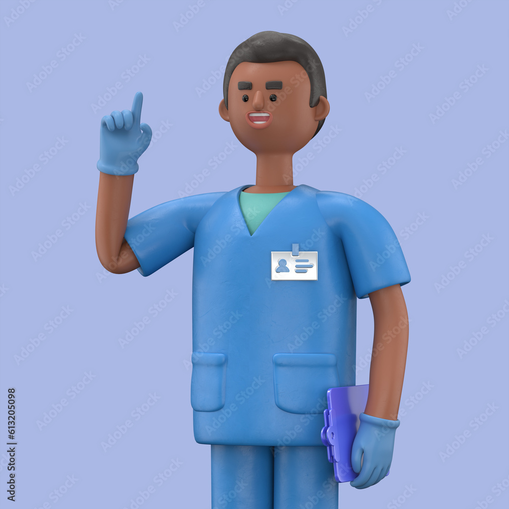 Wall mural 3D illustration of Male Doctor King with stethoscope and clipboard, looks at camera and gives advice. Clip art isolated on blue background. Professional consultation and recommendation
