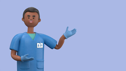 Fototapeta na wymiar 3D illustration of Male Doctor King shows inviting gesture. Happy professional caucasian male specialist. Medical presentation clip art isolated on blue background 