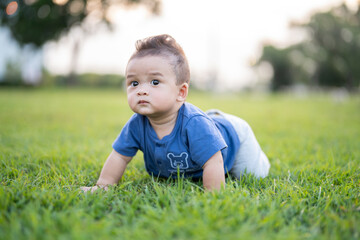 Little boy crawling on the grass