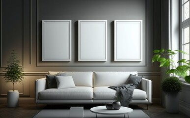 Three square frame mockup in modern living room interior