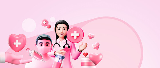 Hospitals with medical personnel and blood donation concept for treatment health and recovery in cardiac surgery in purple background. Doctor, nurse, martyr, healing, helping, 3d rendering