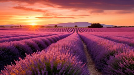 Beautiful sunset over lavender field in Provence, France, Generative AI