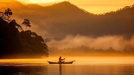 Silhouette of a man in a boat on the lake at sunrise., Generative AI