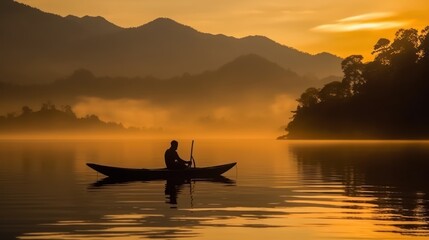 Silhouette of a man in a boat on the lake at sunrise., Generative AI
