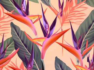 jungle pattern tropical flower orange leaf pink colorful trendy seamless. Generative AI.