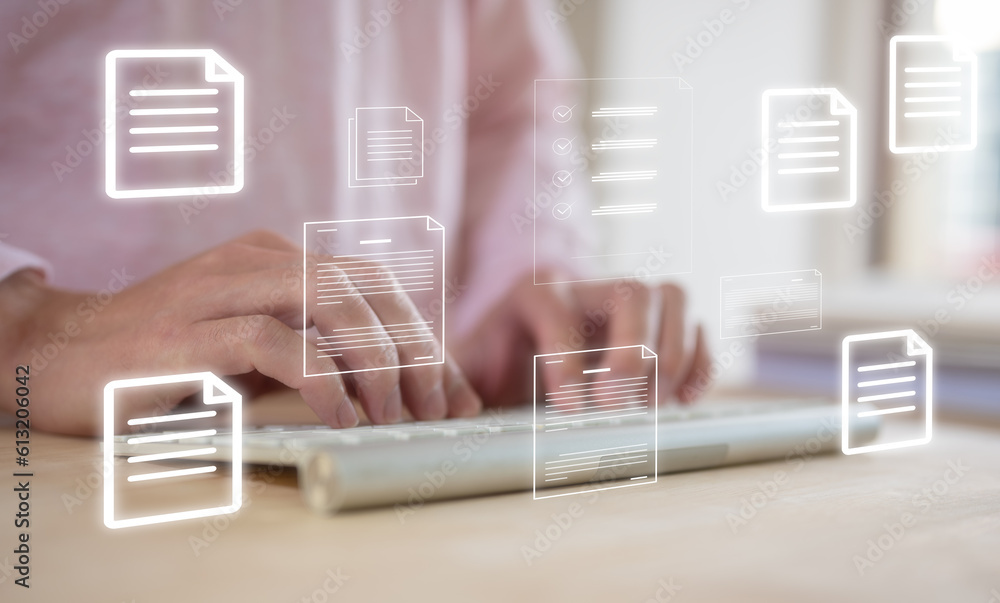 Poster document data system report hr technology concept, businessman manager checking white documents repo