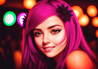 Fototapeta premium Beautiful girl at a nightclub party. A woman poses at a social event. Generative AI