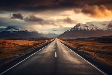 Road in Iceland with dramatic cloudy sky. Travel and nature concept, Generative AI