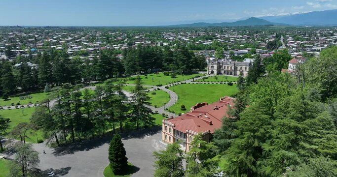 Aerial view of Dadiani Palace in the center of Zugdidi city. Georgia