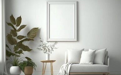 Empty picture frame mockup on a wall vertical frame mockup in modern minimalist interior with plant in trendy vase on wall background, Template for painting, photo or poster