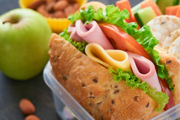 Healthy food for school lunch concept. Healthy bread, meat sandwich with cheese, apple, fresh cucumber, carrots, nuts in container, water and yogurt on dark background. Back to school concept.