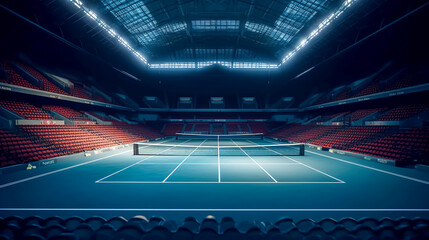 Blue tennis court and illuminated indoor arena, generative AI. - obrazy, fototapety, plakaty