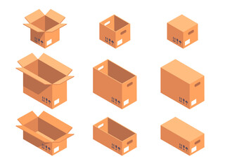 Cardboard boxes. Isometric carton boxes, shipping and delivery packages. Open and close cardboard box flat 3d vector illustration set