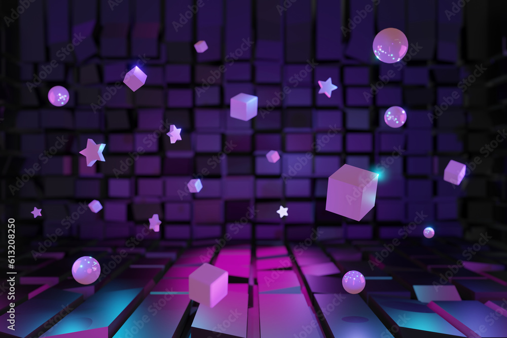 Poster 3d elements and cube with 3d room background. illustration future technology background concept.